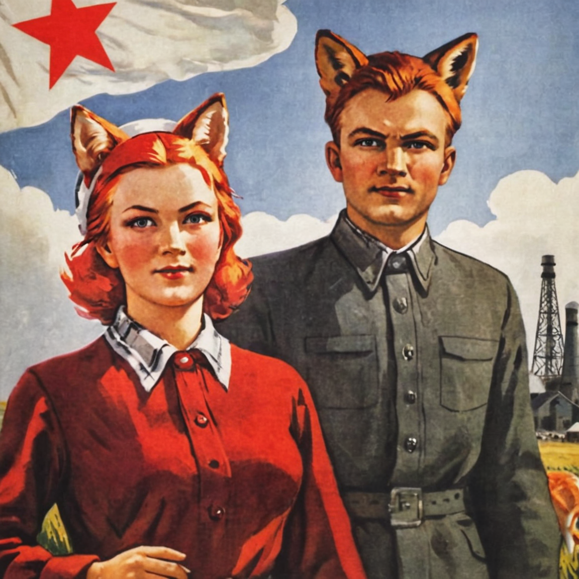 02980-1570405257-soviet poster fox girl with fox ears and man, red and white hair, dressed in plaid shirt, standing in field near the factory, _l.png